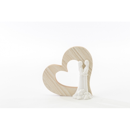 Sposi porcellana con cuore legno h 7,5 cm - 12 pezzi